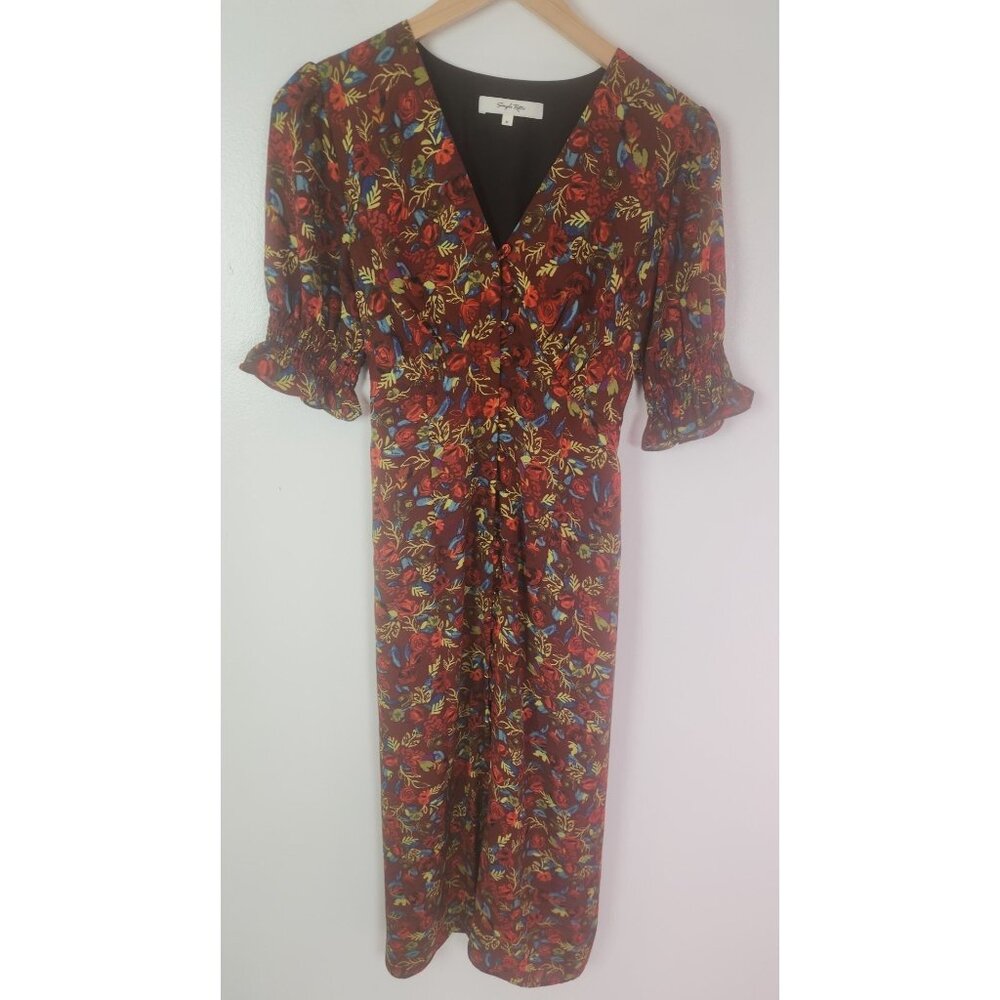 Simple Retro Women's Sz. M Red Floral Button Up Midi Short Sleeve Dress